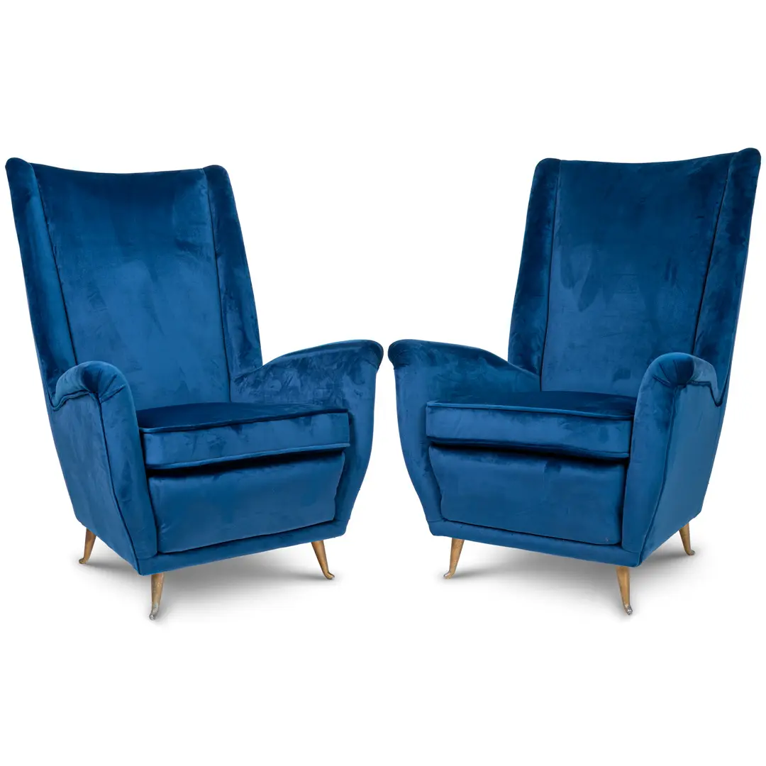 pair of blu velvet Gio Ponti bergere wingback armchairs by ISA, 1950 — image 1