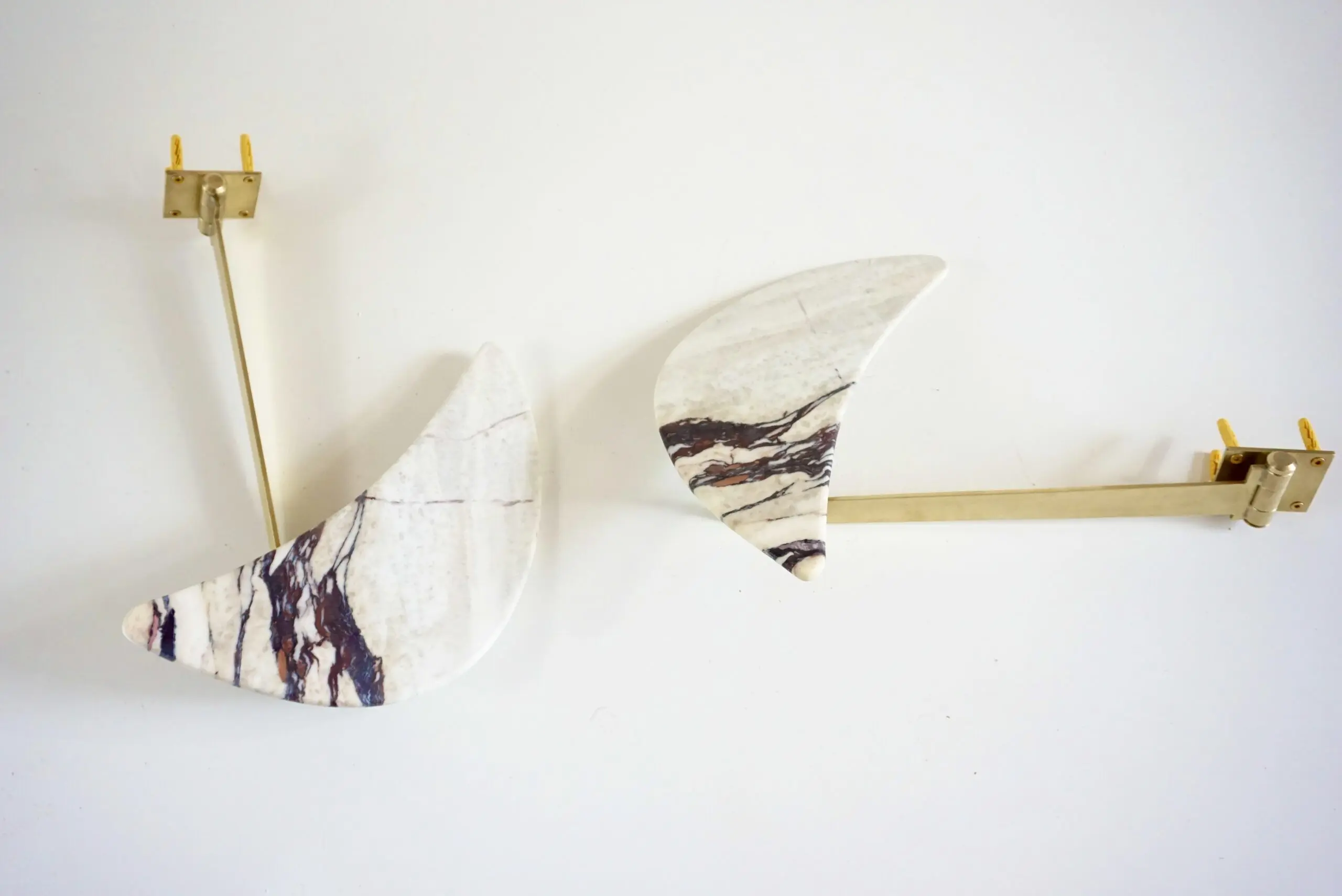 pair of unique breccia and brass hanging bed side tables, adjustable arms, 2024 — image 1