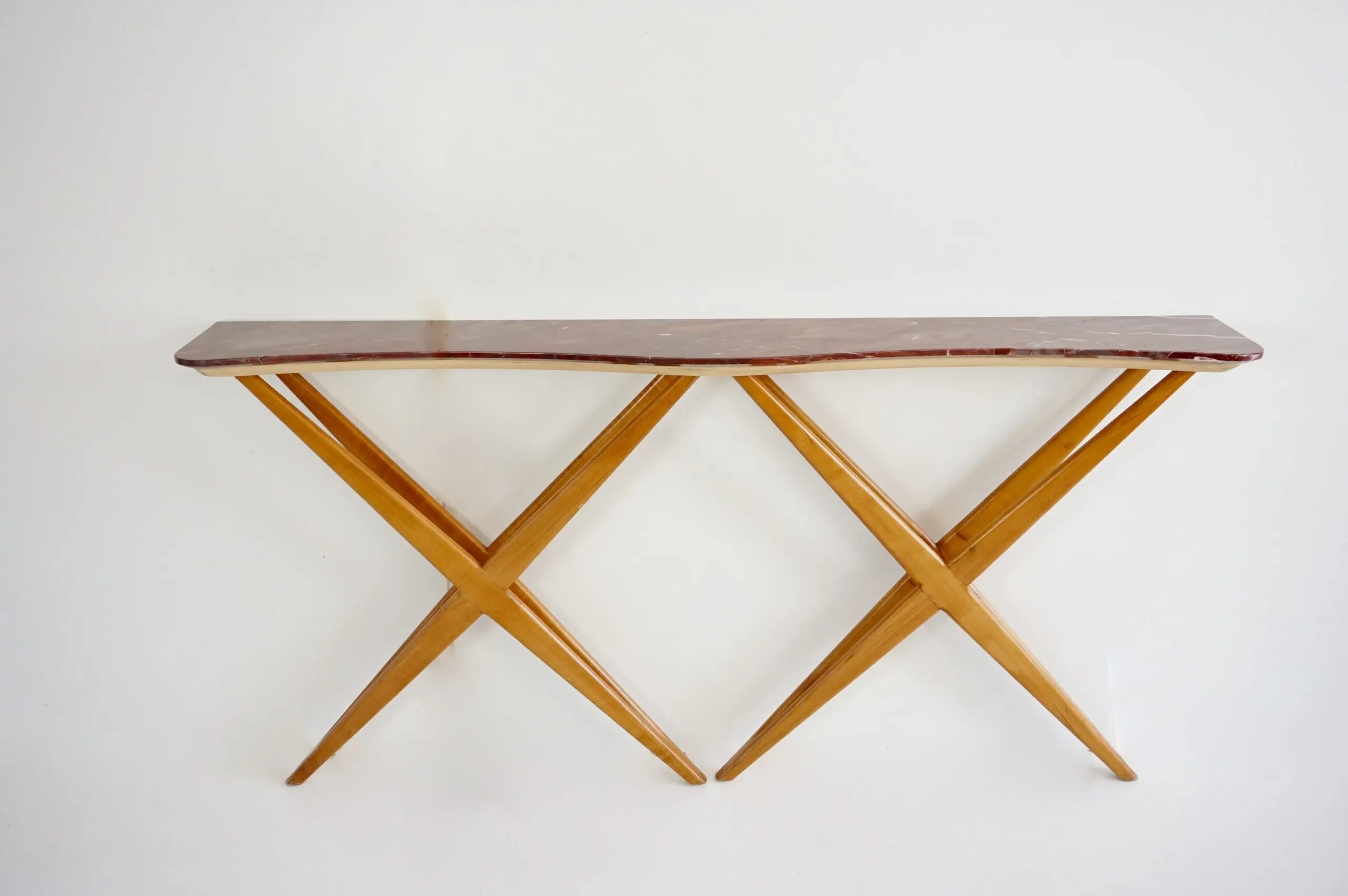 large Studio B.B.P.R. walnut and red marble top console, double X shaped, 1944 — Studio Bbpr