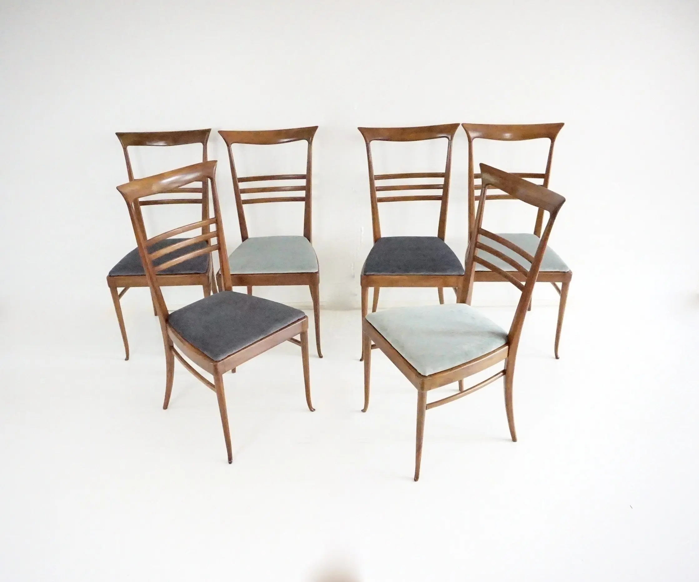 fine set of 6 Melchiorre Bega walnut and velvet high back dining chairs, 1950 — Melchiorre Bega