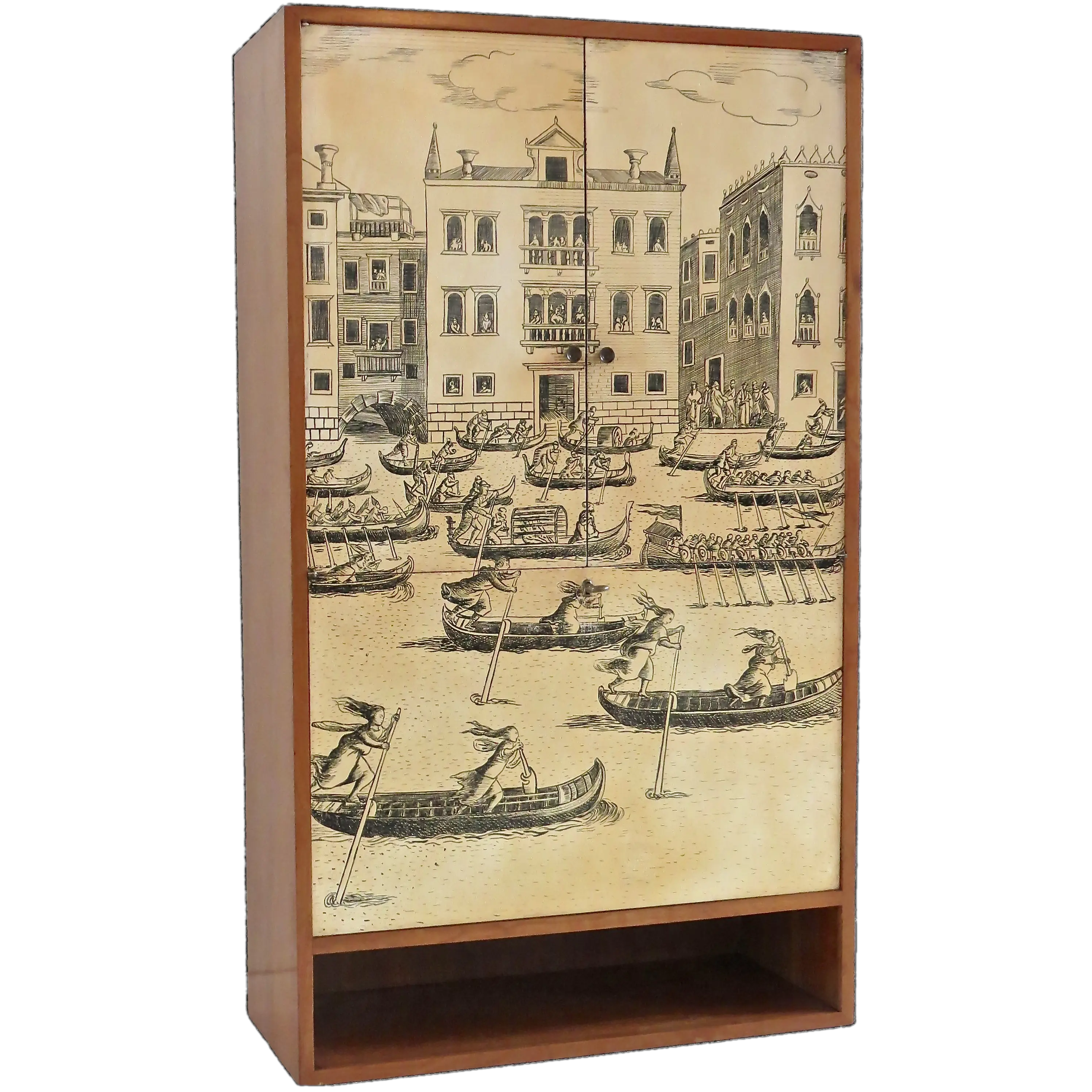 Hanging Litographic Transfer-Printed Wood Cabinet "Venezia", Fornasetti style circa 1950 — image 1