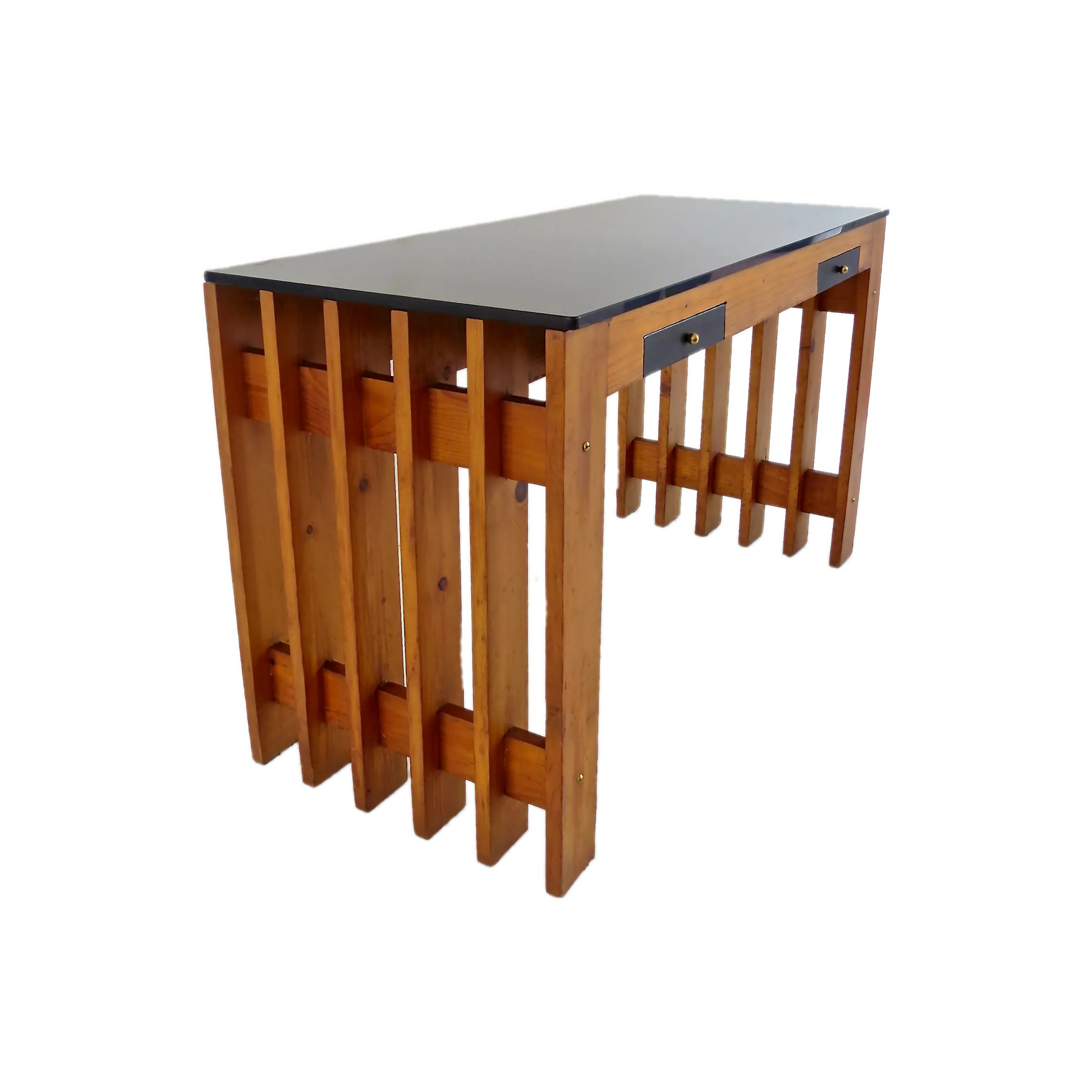 Italian Unique Pine Desk Console Black Opaline Glass Top, 1960 — image 1