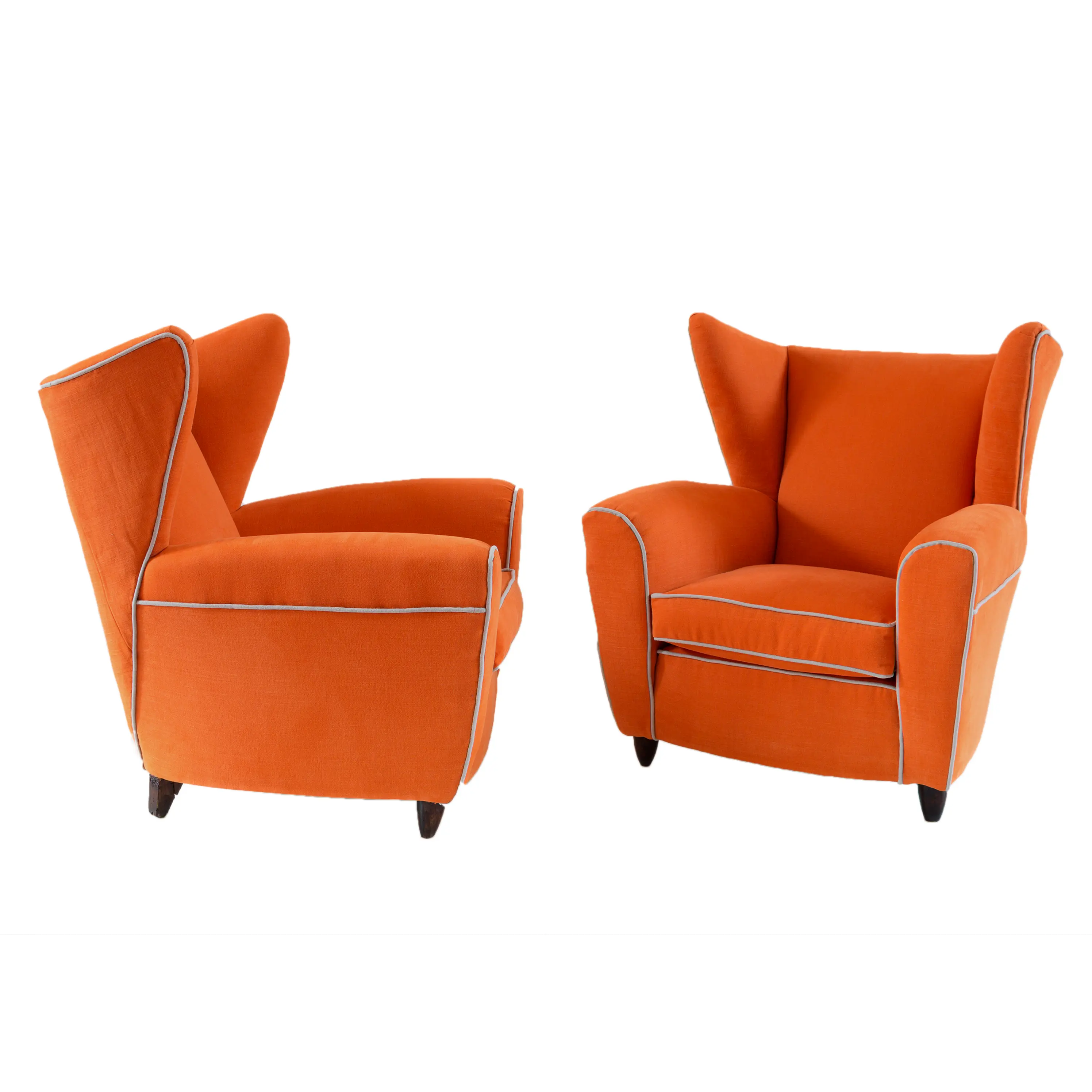 Pair of orange large wingback armchairs,att. to Melchiorre Bega, 1952 — image 1